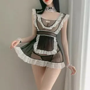 Sexy Women Lingerie Maid Dress Perspective Cosplay Lace Backless Nightwear