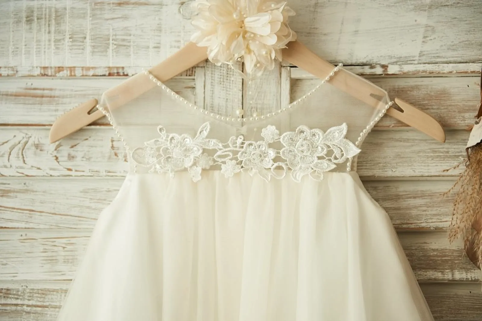 Sheer Neck Champagne Tulle Lace Wedding Flower Girl Dress, Pearls