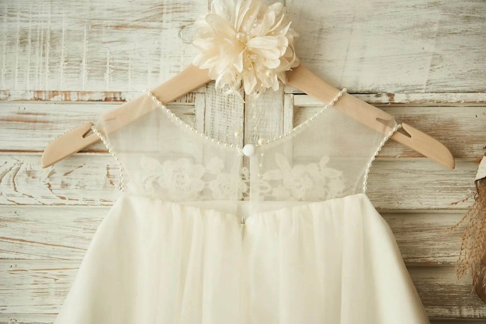 Sheer Neck Champagne Tulle Lace Wedding Flower Girl Dress, Pearls