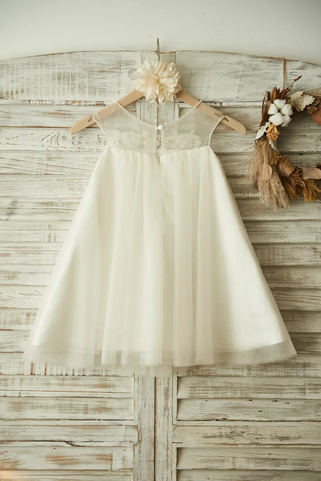 Sheer Neck Champagne Tulle Lace Wedding Flower Girl Dress, Pearls