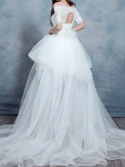 Short Sleeves High-Low Wedding Dress