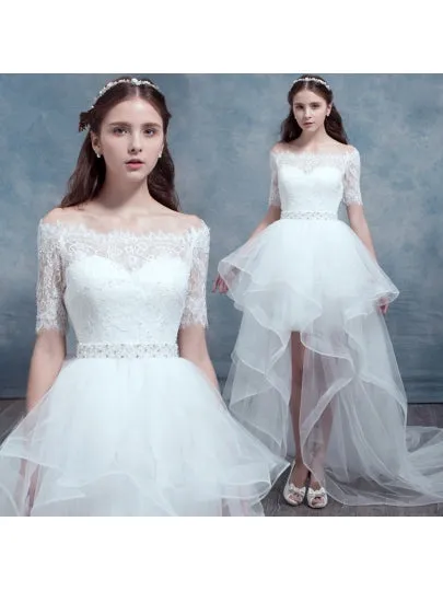 Short Sleeves High-Low Wedding Dress
