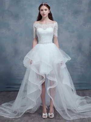 Short Sleeves High-Low Wedding Dress