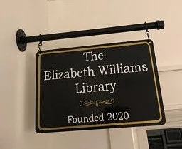 Sign- 18" Wide- Metal -Personalized Business Sign, Decor Sign- With Black 20" Pipe Bracket - Indoor/ Outdoor Hanging Sign