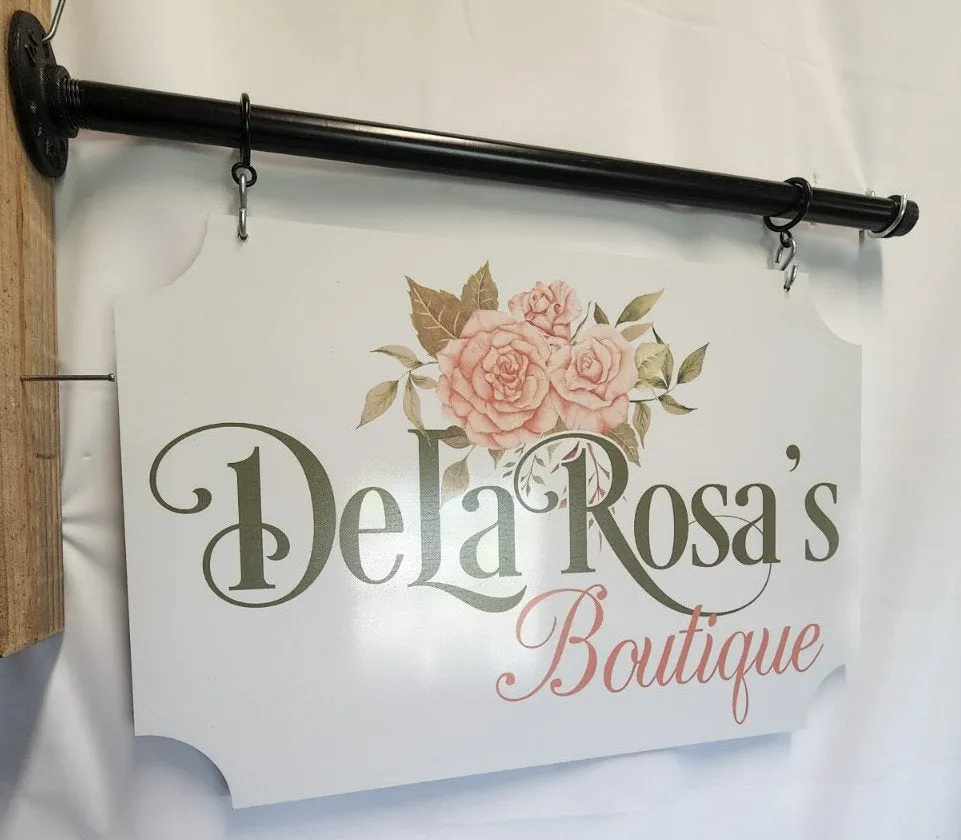 Sign- 18" Wide- Metal -Personalized Business Sign, Decor Sign- With Black 20" Pipe Bracket - Indoor/ Outdoor Hanging Sign