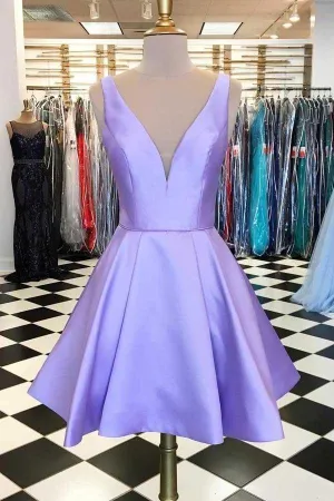 Simple Satin Short Prom Dress Lavender Homecoming Dress HD0054