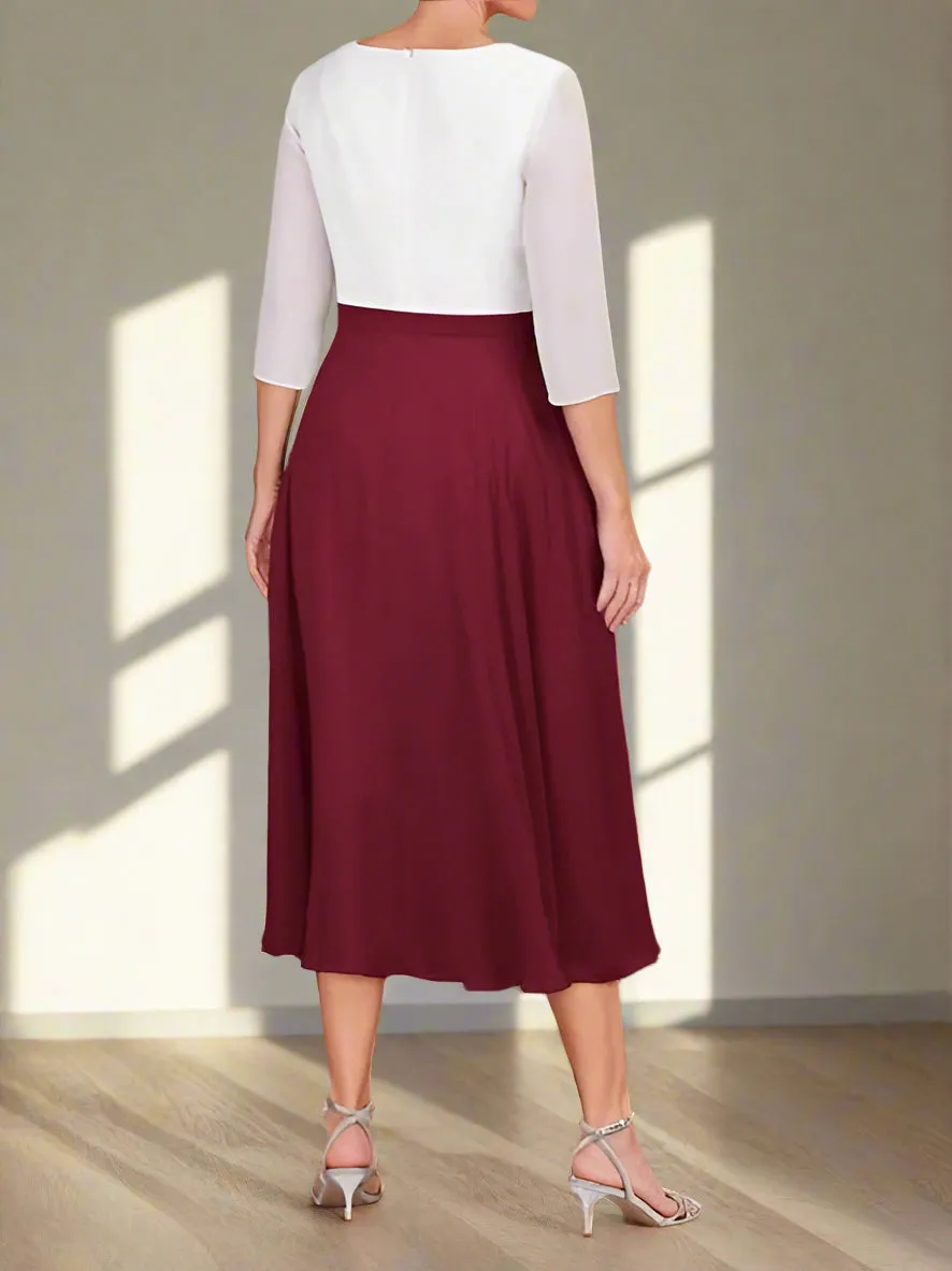 Simple V Neck Chiffon 3/4 Length Sleeve Mother of the Bride Dress