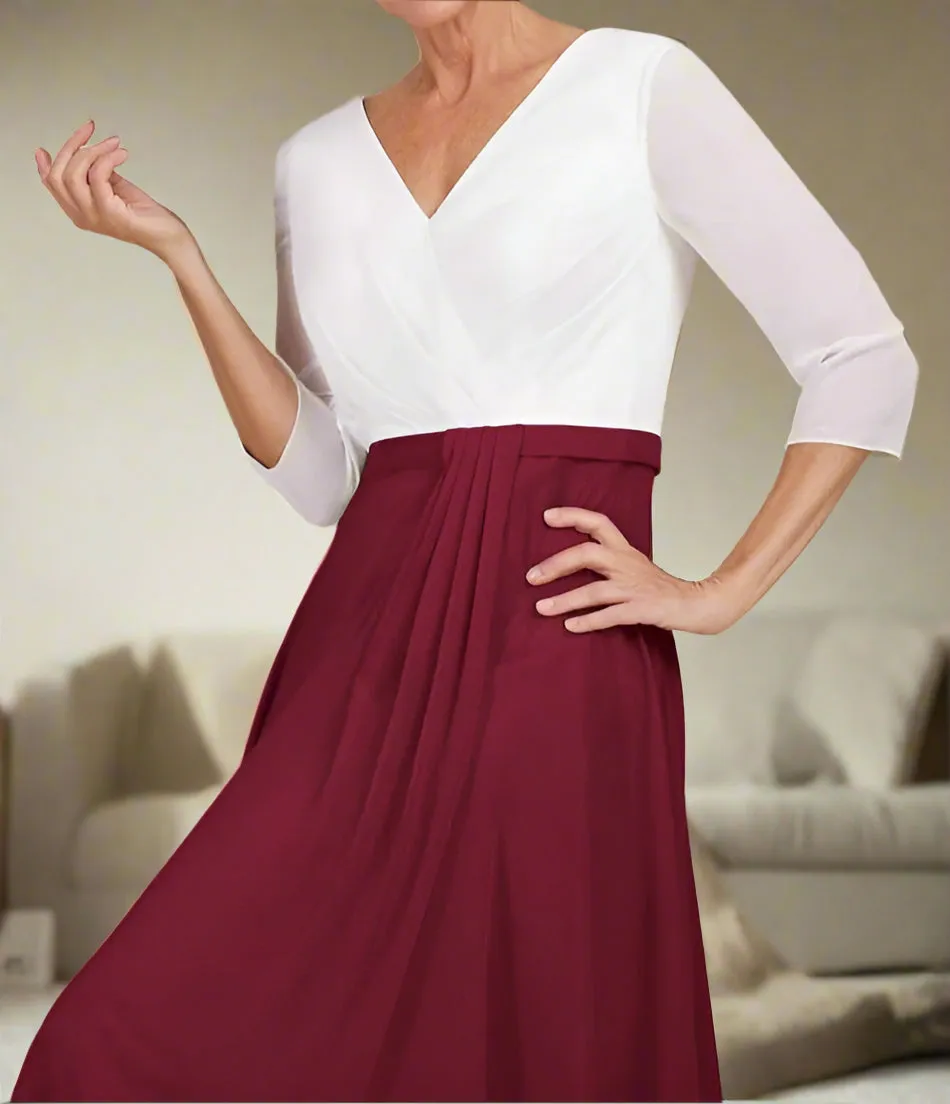 Simple V Neck Chiffon 3/4 Length Sleeve Mother of the Bride Dress