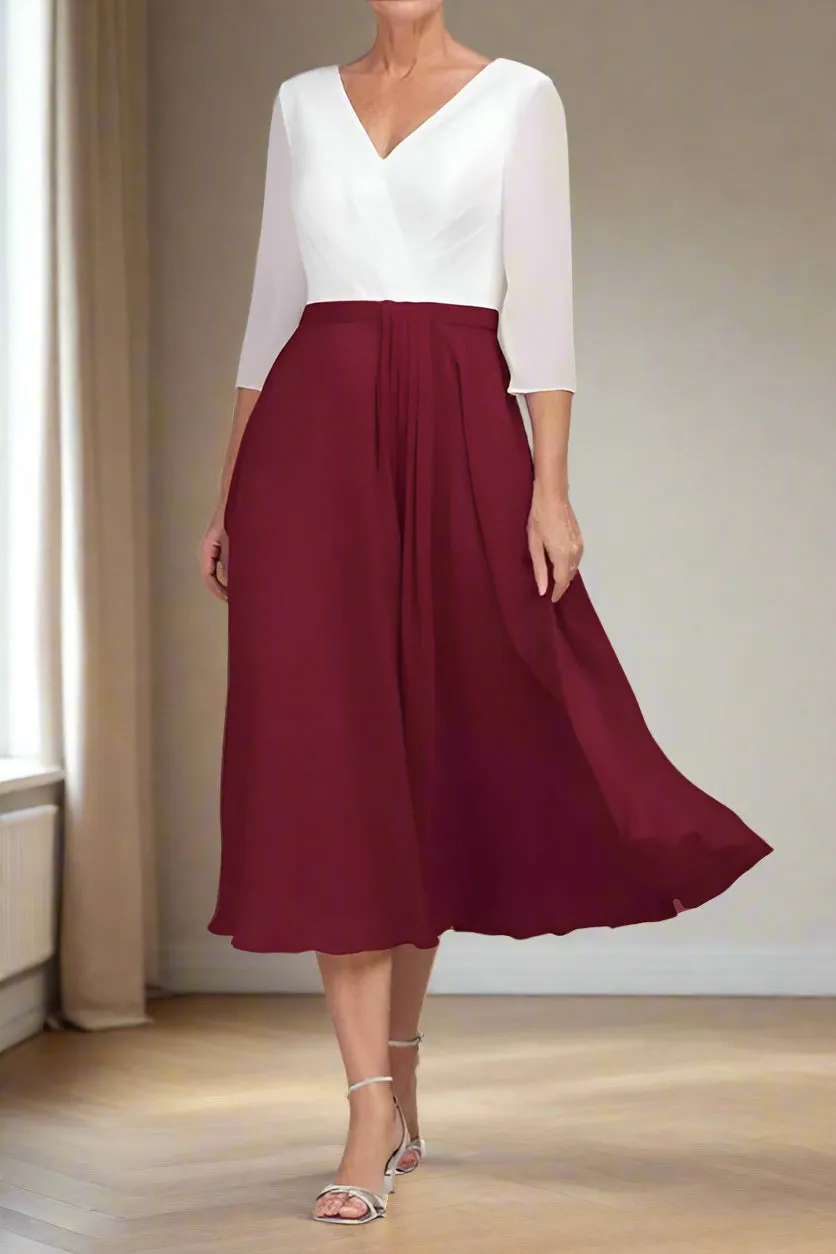 Simple V Neck Chiffon 3/4 Length Sleeve Mother of the Bride Dress