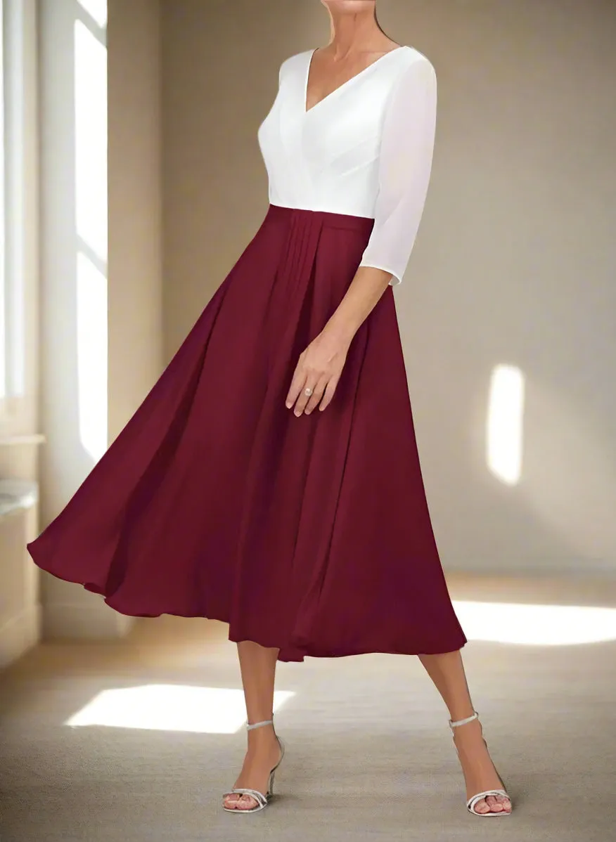 Simple V Neck Chiffon 3/4 Length Sleeve Mother of the Bride Dress