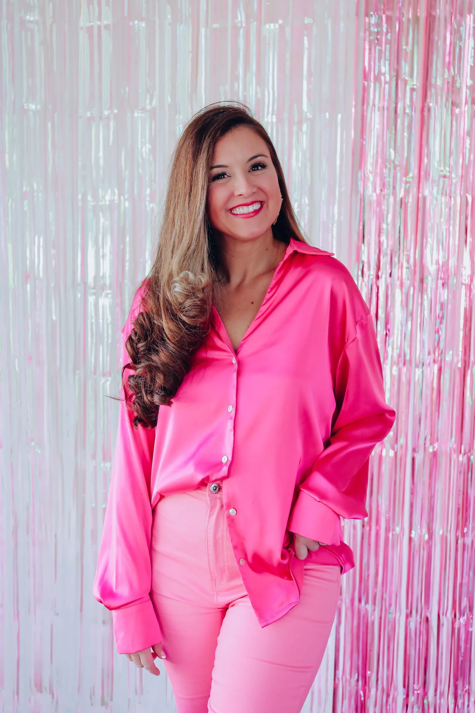 Simply Satin V-Neck Classic Shirt - Pink
