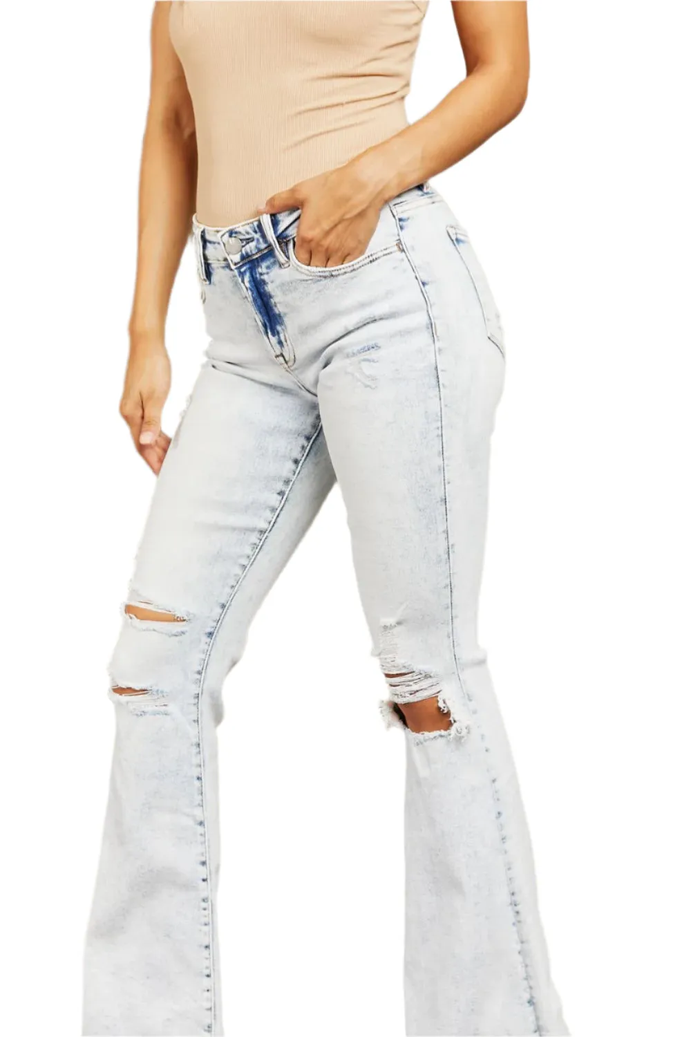 Size 28 Mid Rise Acid Wash Distressed Flare Jeans