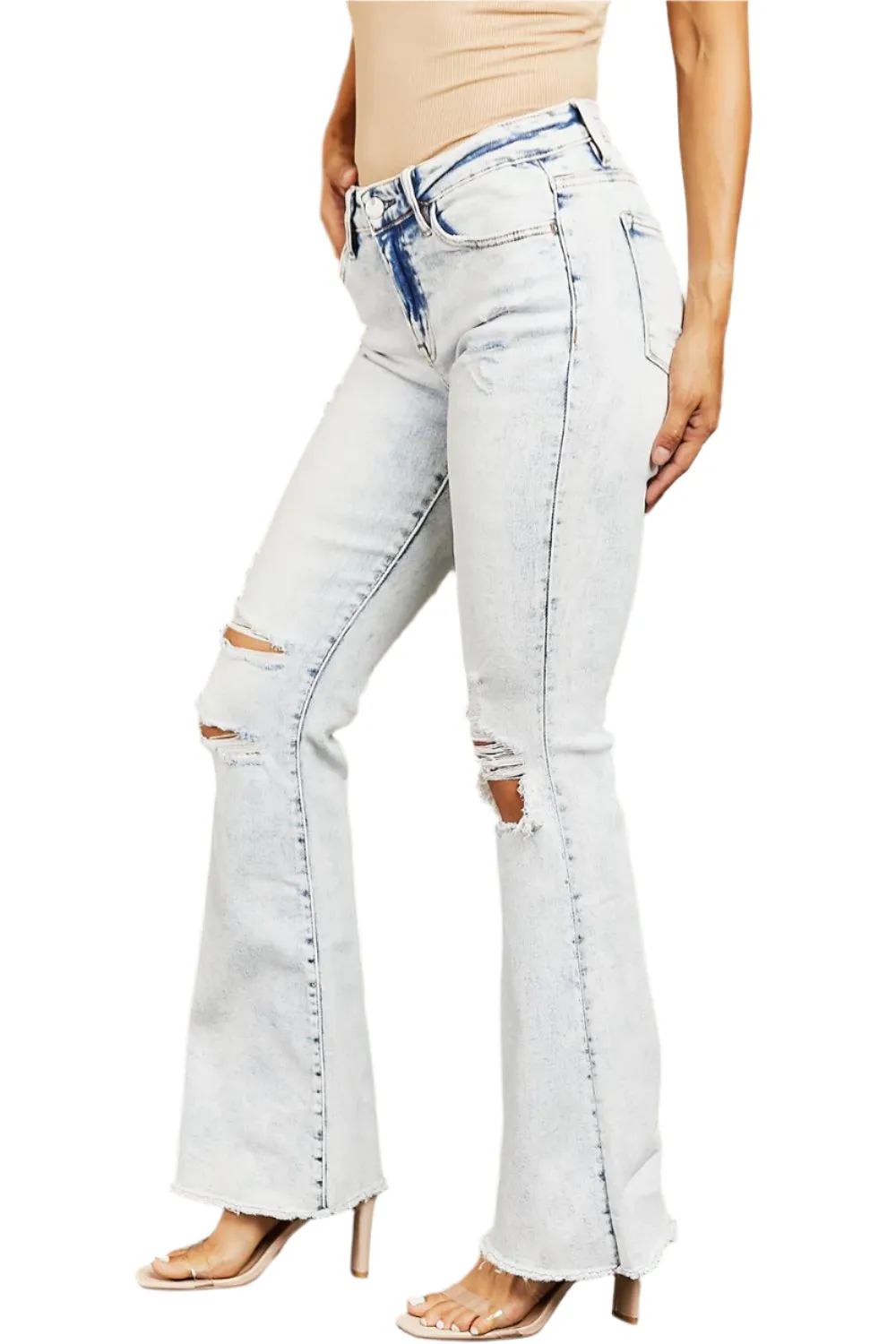 Size 28 Mid Rise Acid Wash Distressed Flare Jeans