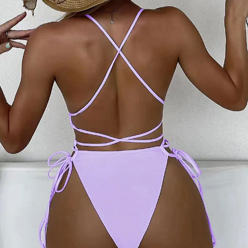 Solid Deep V-Neck Bandage One Piece Swimsuit