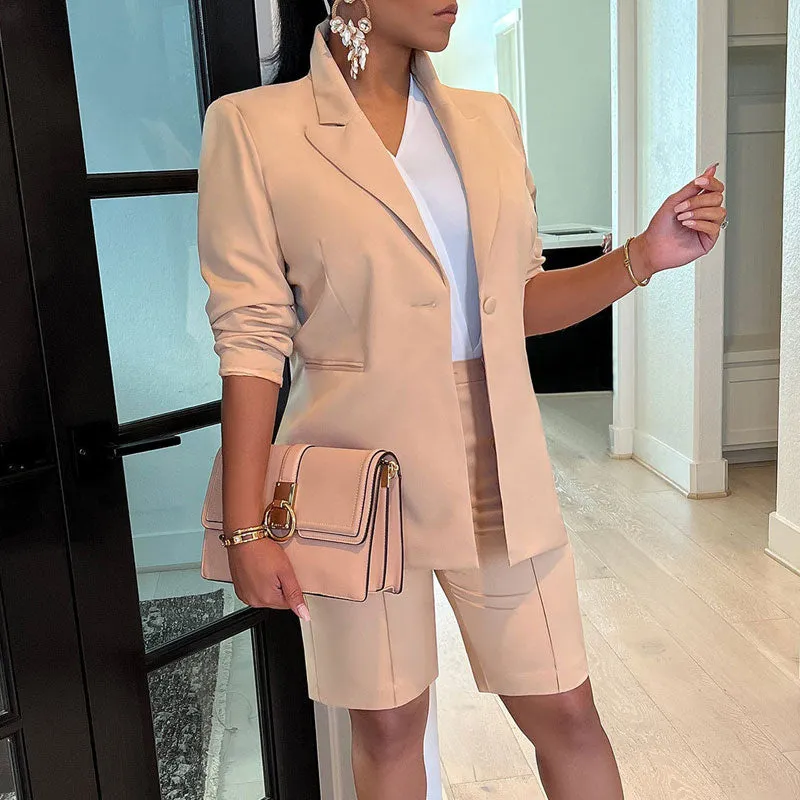 Solid Long Sleeve Blazer Coat & Shorts Set