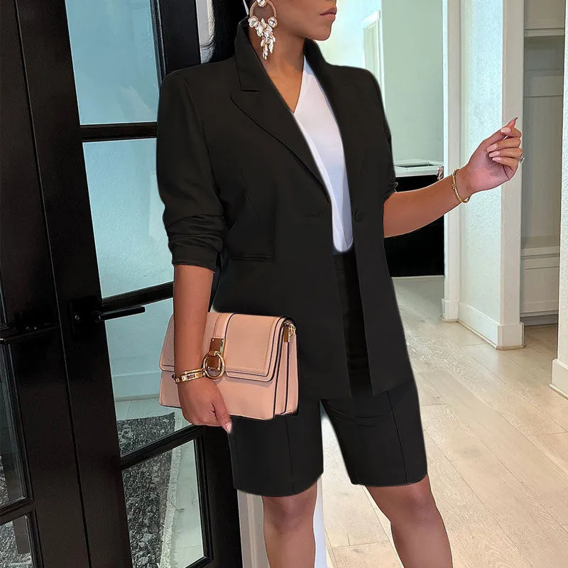 Solid Long Sleeve Blazer Coat & Shorts Set