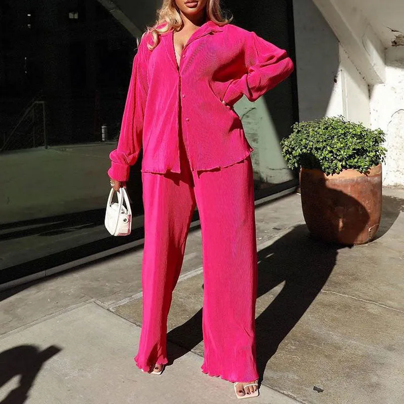 Solid Long Sleeve Loose Blouse & Pants Set