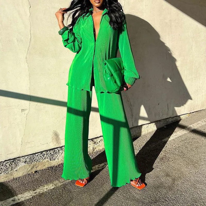 Solid Long Sleeve Loose Blouse & Pants Set
