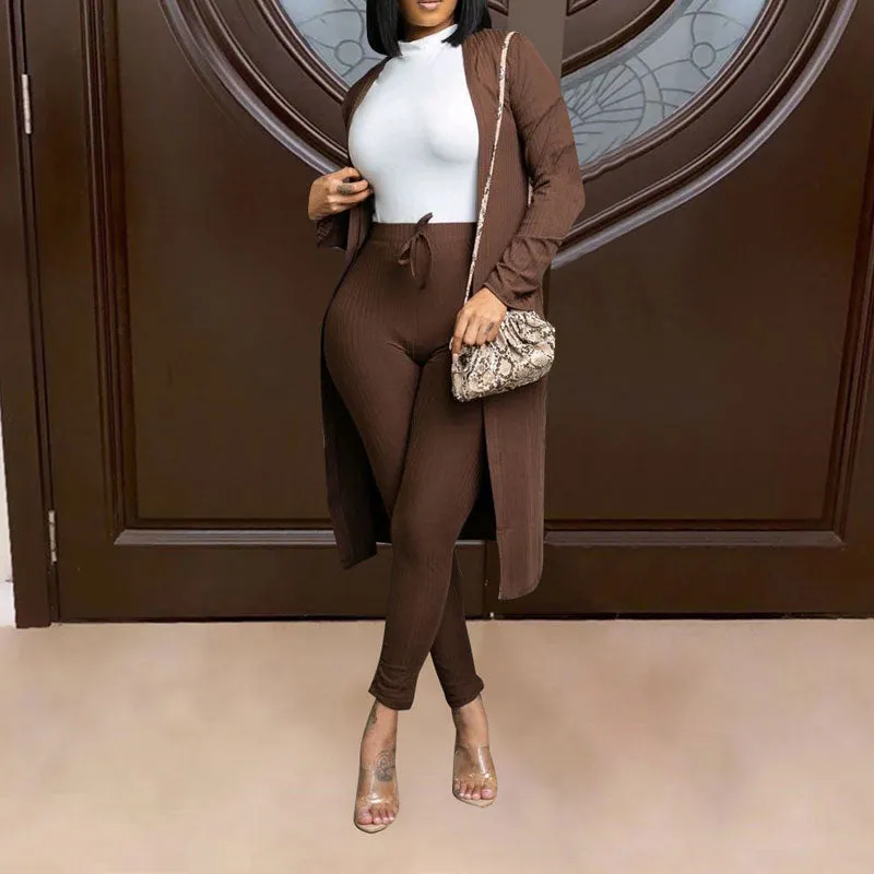 Solid Long Sleeve Ribbed Two Piece Set