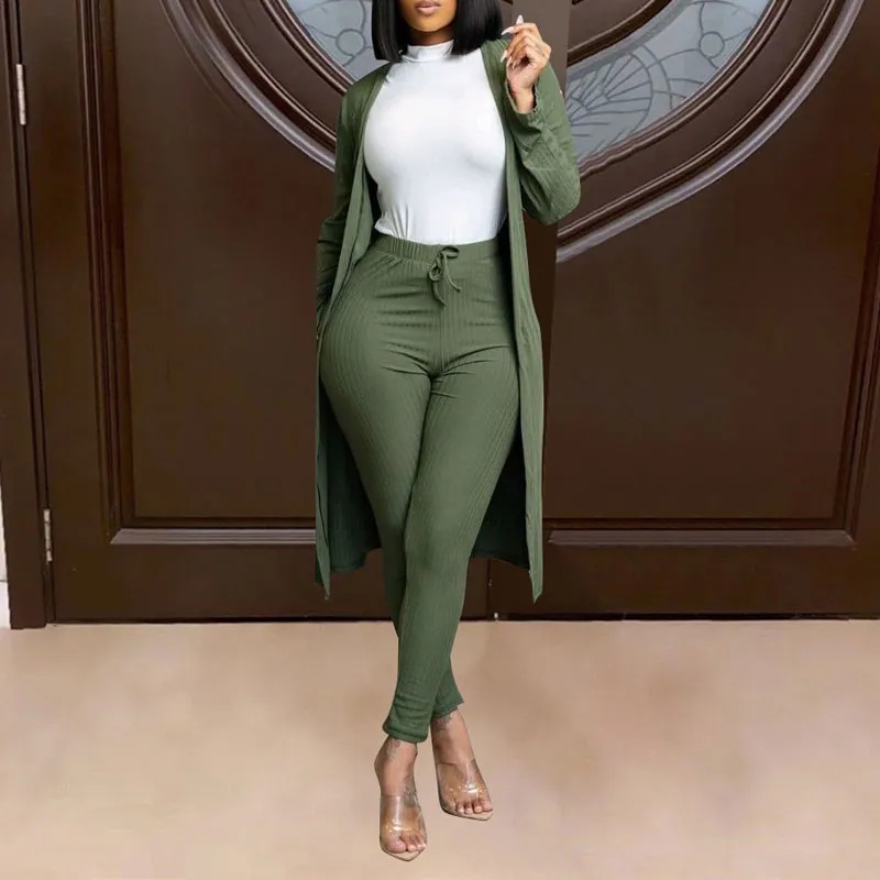 Solid Long Sleeve Ribbed Two Piece Set