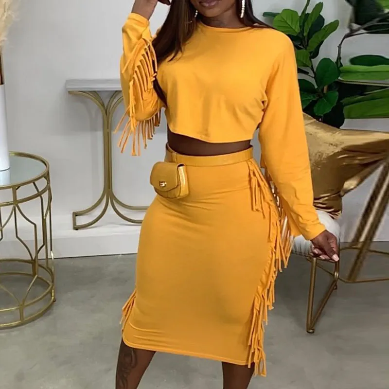 Solid Long Sleeve Tassel Design Top & Skirt Set