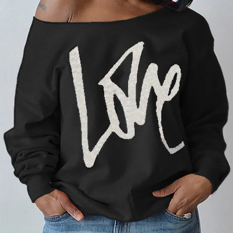 Solid One Shoulder Letter Print Sweater