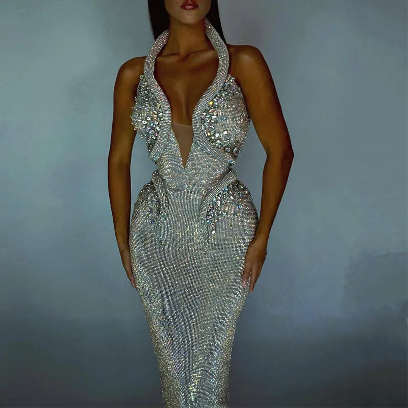 Solid Studded Halter V-Neck Sleeveless Floor-Length Dress