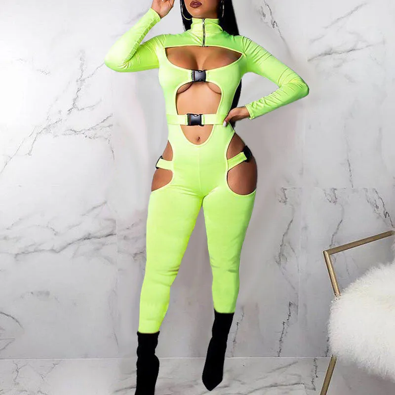Solid Turtleneck Cut Out Buckle Decoration Jumpsuit