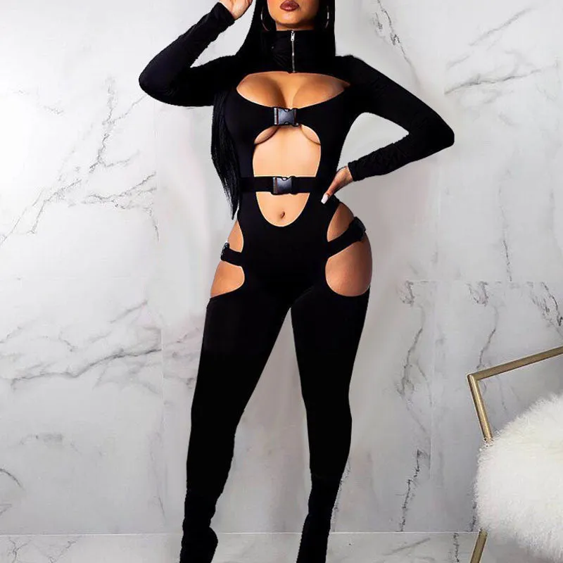 Solid Turtleneck Cut Out Buckle Decoration Jumpsuit