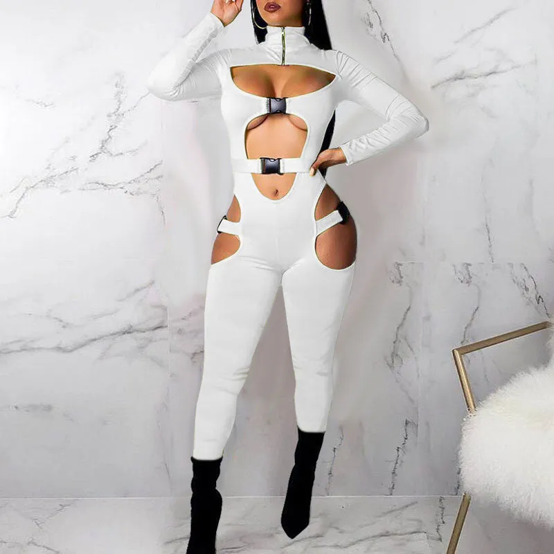 Solid Turtleneck Cut Out Buckle Decoration Jumpsuit