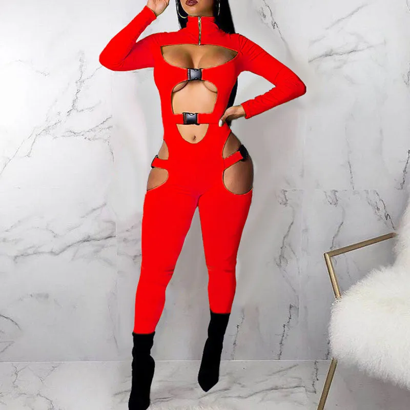 Solid Turtleneck Cut Out Buckle Decoration Jumpsuit