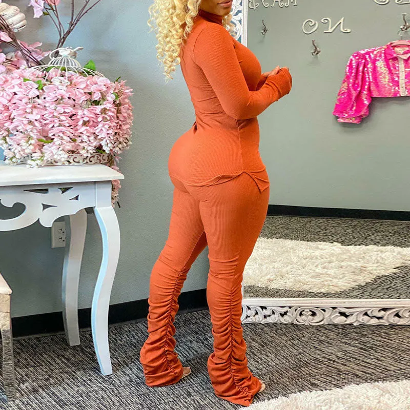 Solid Turtleneck Ribbed Long Sleeve Top & Ruched Pants Set
