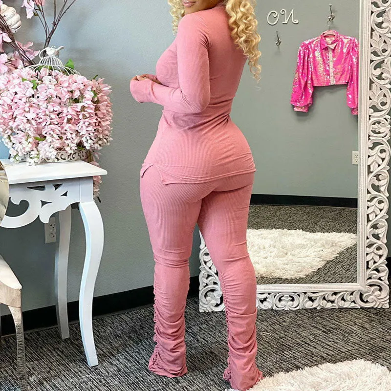 Solid Turtleneck Ribbed Long Sleeve Top & Ruched Pants Set