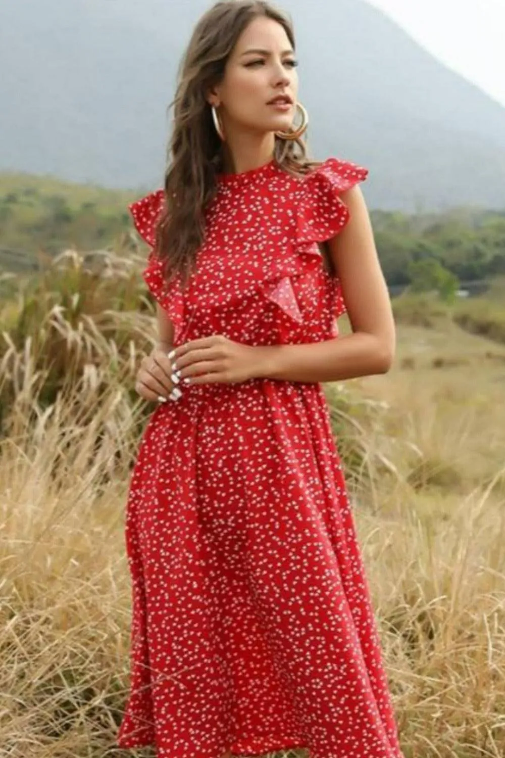 Spring Love Floral Print Ruffle Black Midi Dress
