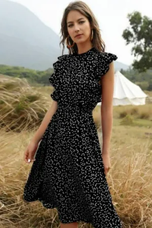 Spring Love Floral Print Ruffle Black Midi Dress