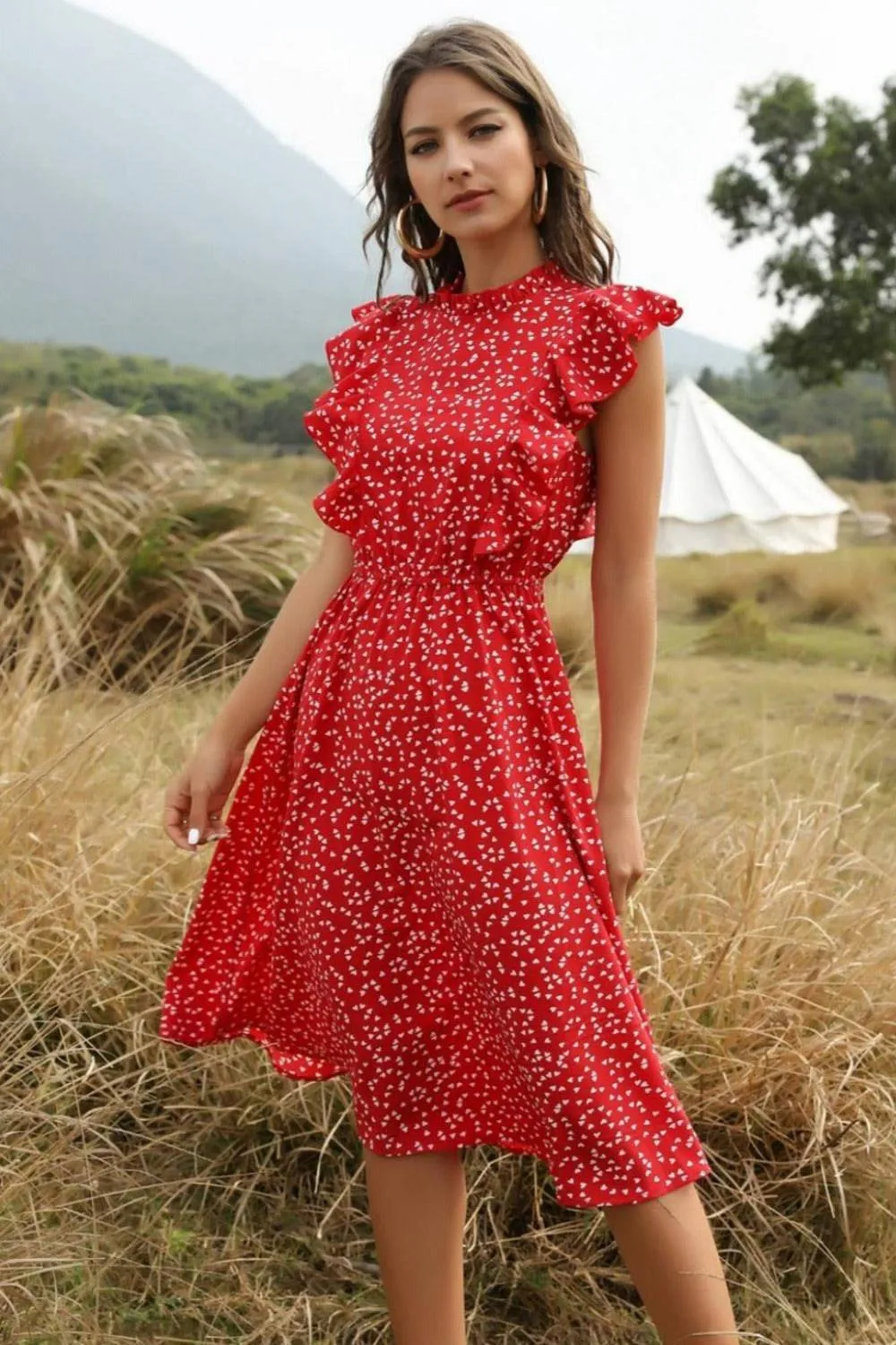 Spring Love Floral Print Ruffle Black Midi Dress