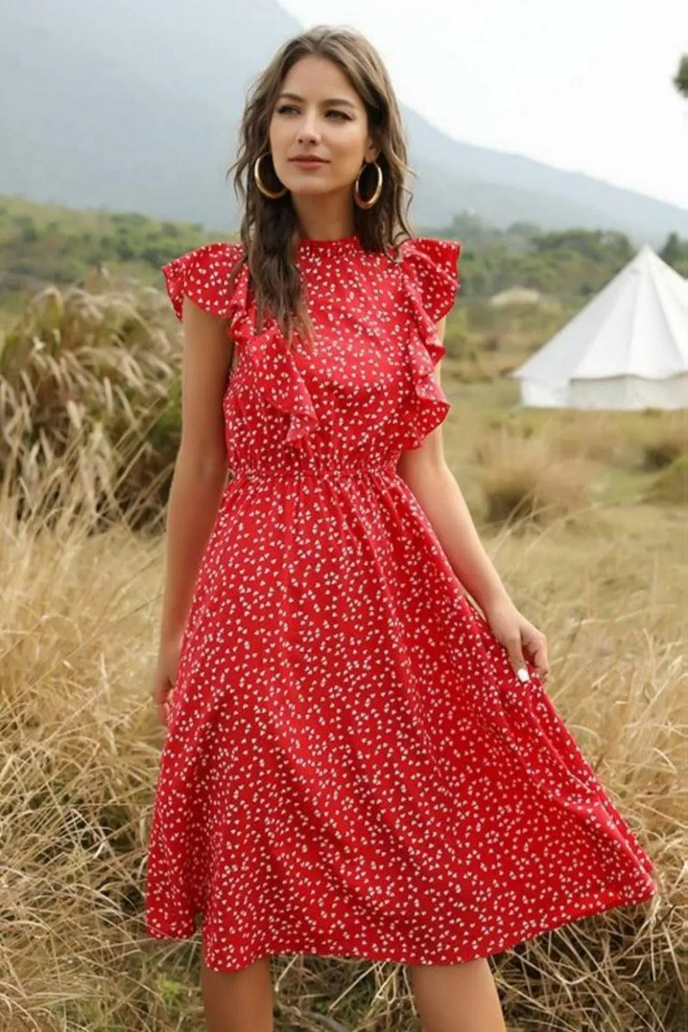Spring Love Floral Print Ruffle Black Midi Dress