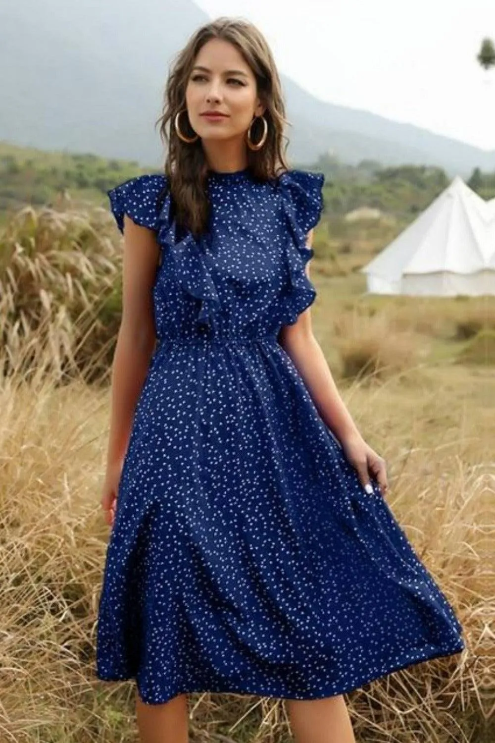 Spring Love Floral Print Ruffle Black Midi Dress
