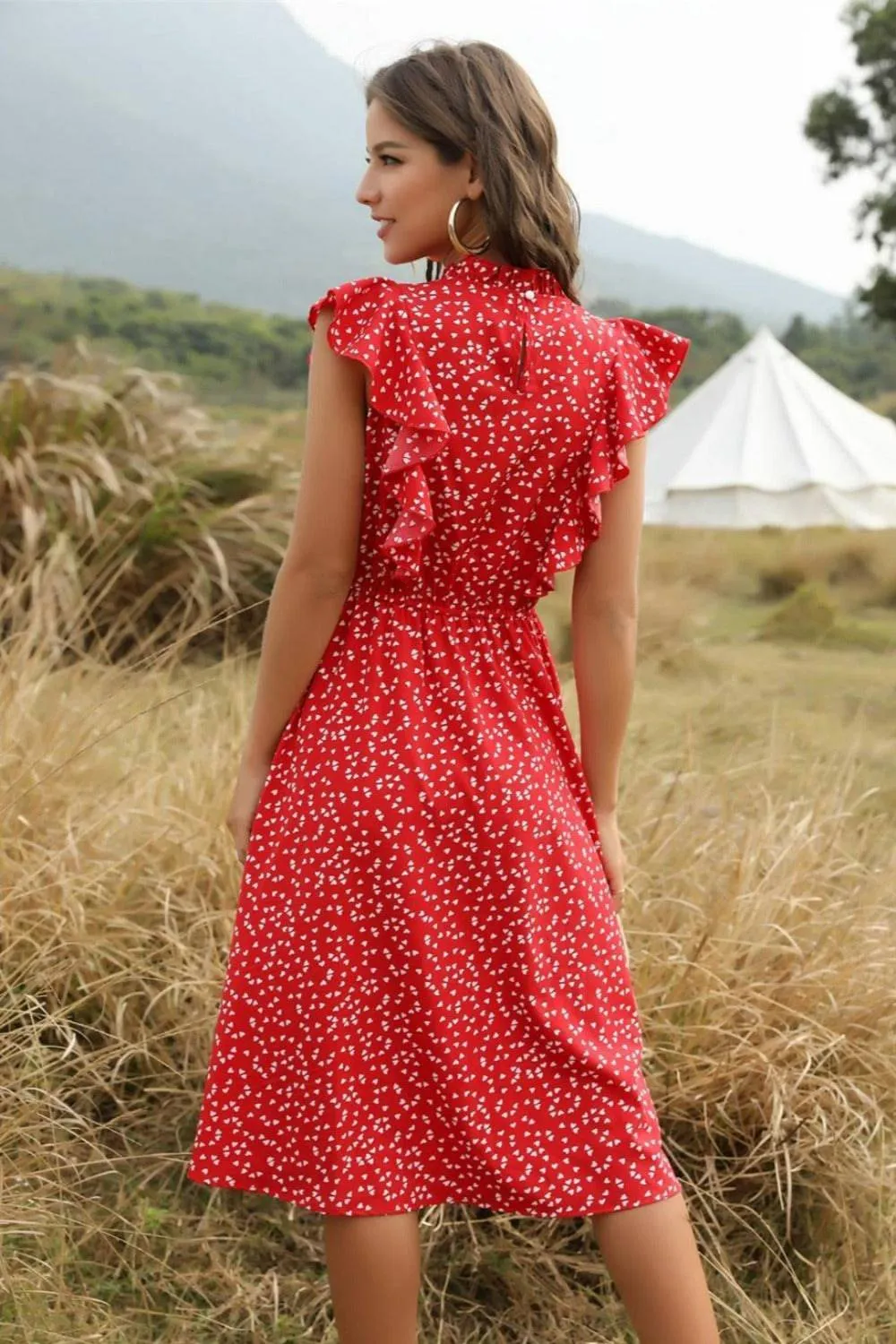 Spring Love Floral Print Ruffle Black Midi Dress