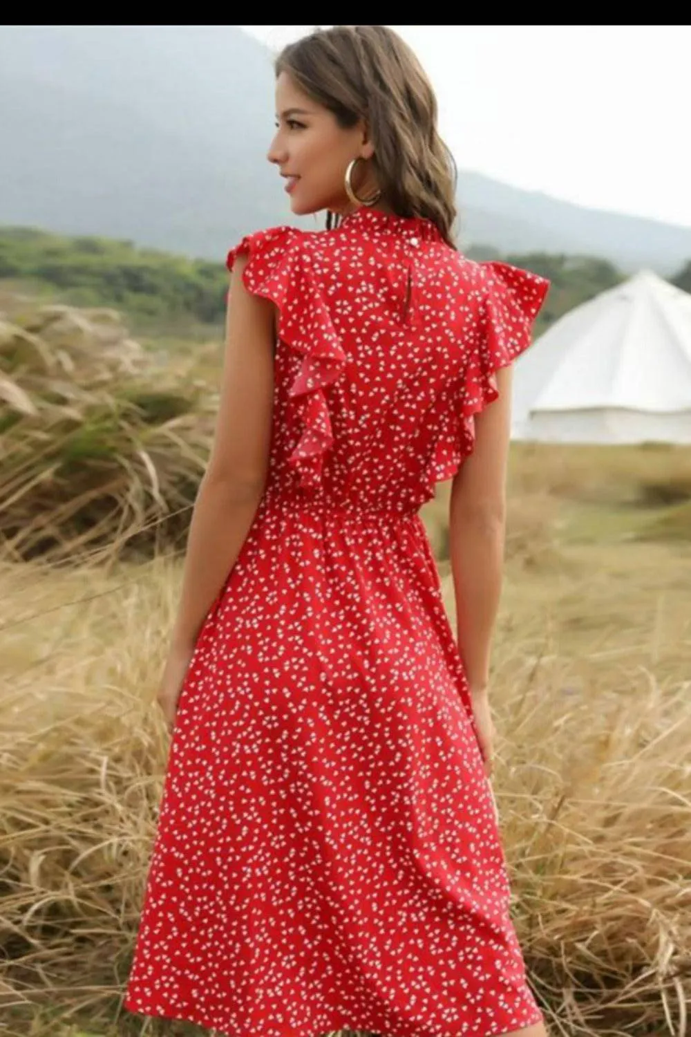 Spring Love Floral Print Ruffle Black Midi Dress