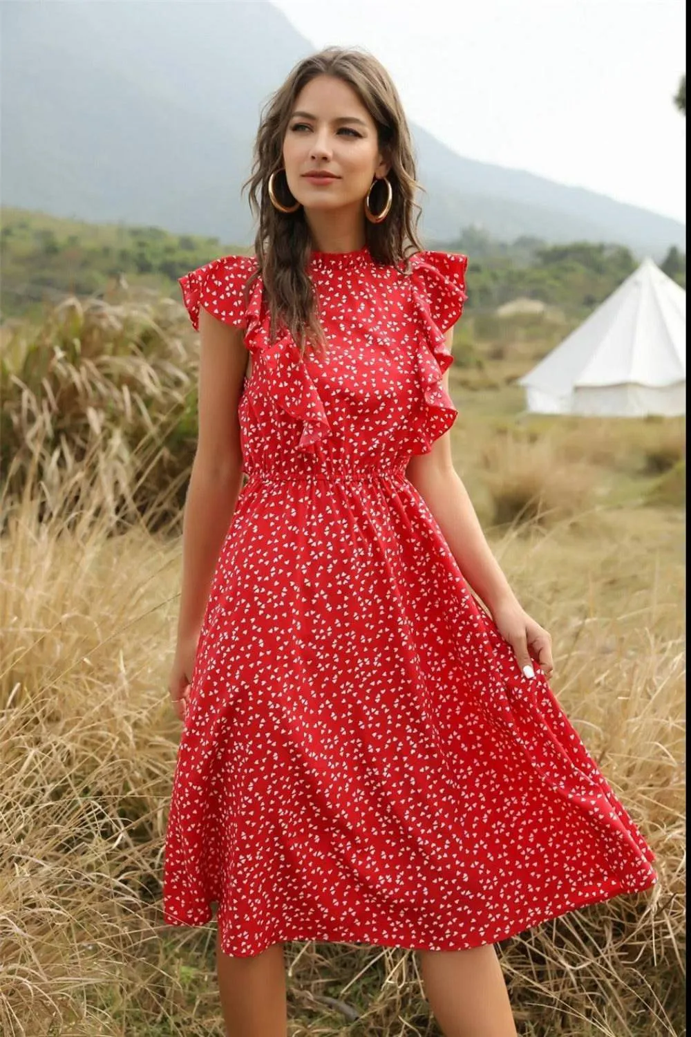 Spring Love Floral Print Ruffle Black Midi Dress