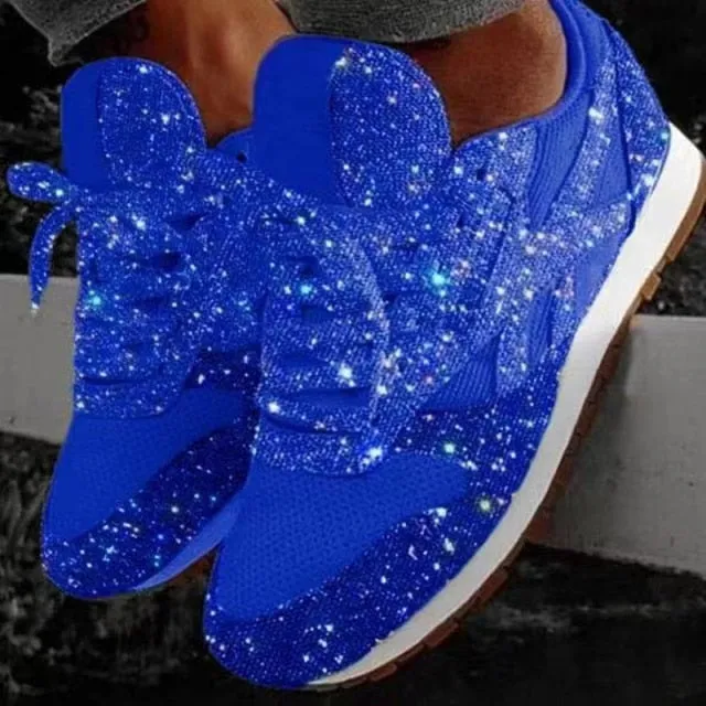 spring new bling sparkly casual flat shoes woman breathable lace-up fashion sneakers