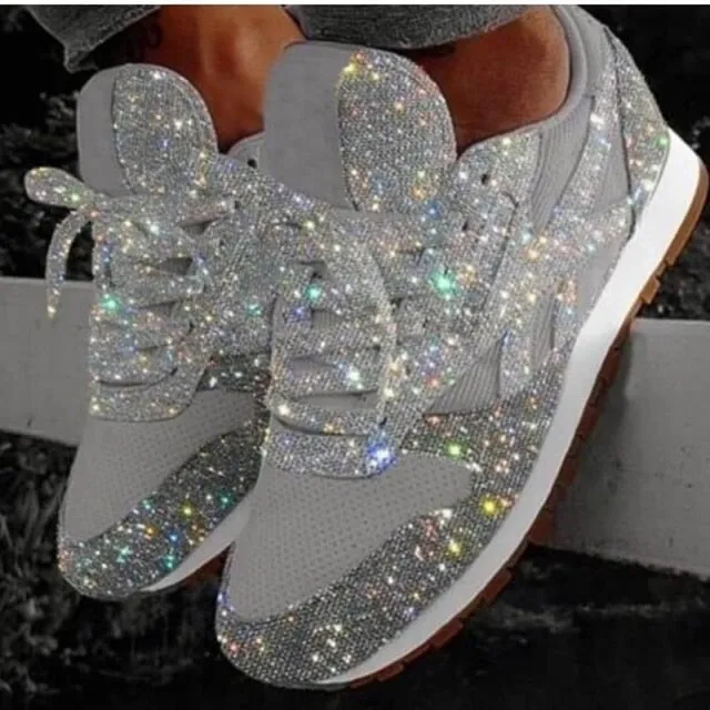 spring new bling sparkly casual flat shoes woman breathable lace-up fashion sneakers