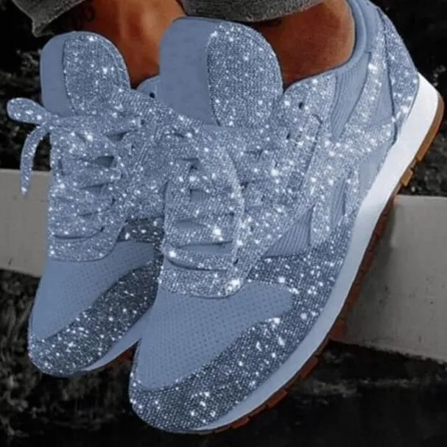 spring new bling sparkly casual flat shoes woman breathable lace-up fashion sneakers