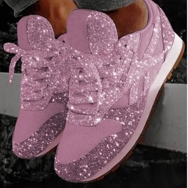 spring new bling sparkly casual flat shoes woman breathable lace-up fashion sneakers