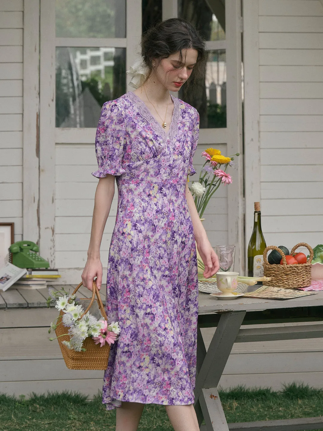 Stormi Charming V-neck Lace Trimmed Floral Print Dress