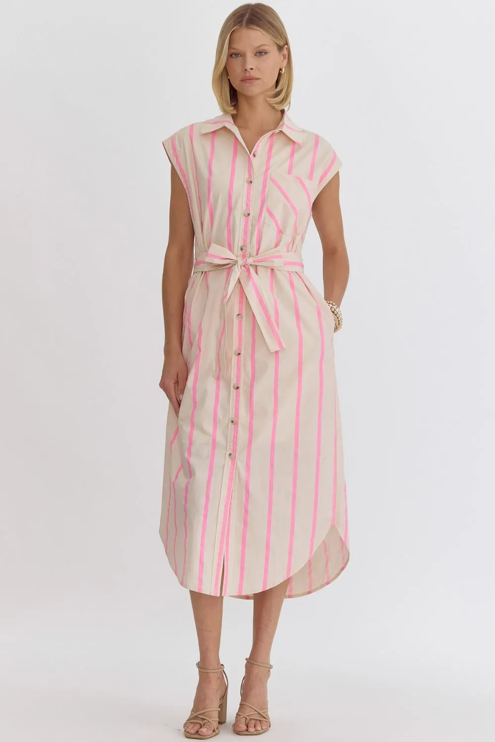 Striped Button Up Midi Dress {Pink}