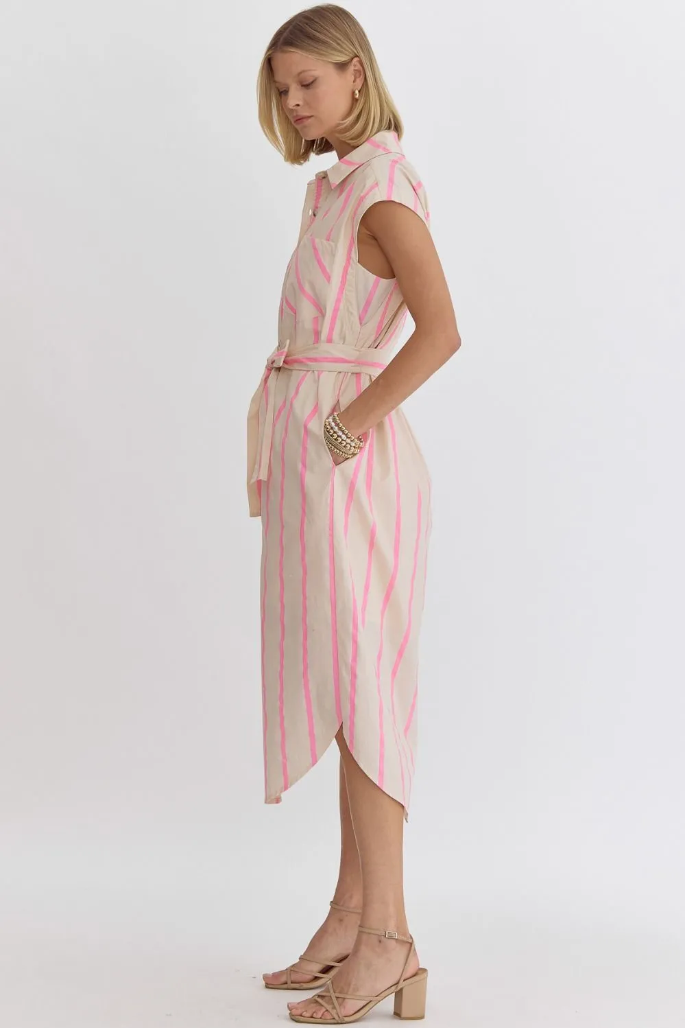 Striped Button Up Midi Dress {Pink}