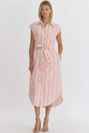 Striped Button Up Midi Dress {Pink}
