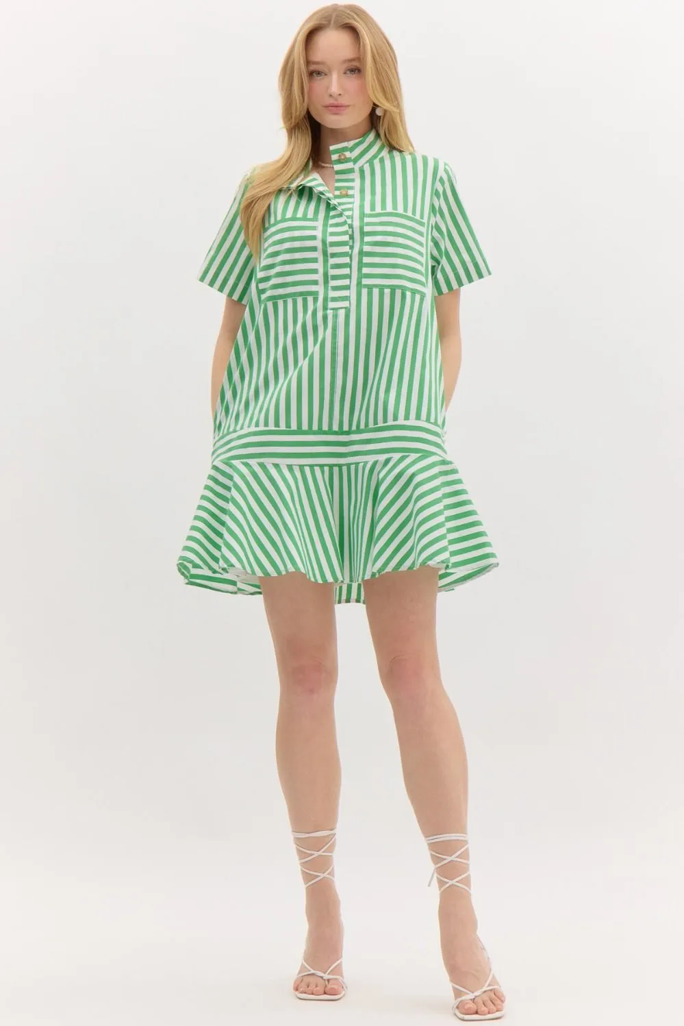 Striped Half Placket Swing Dress {Green}